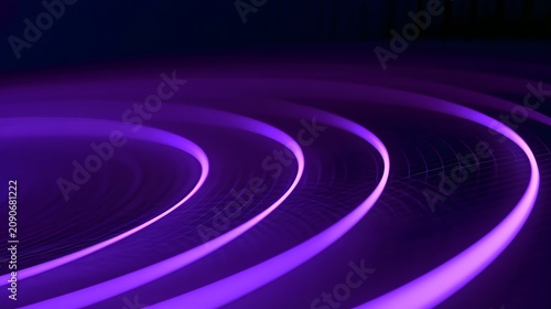 Abstract glowing purple concentric arcs on dark background with faint grid pattern suggesting futuristic or technological theme