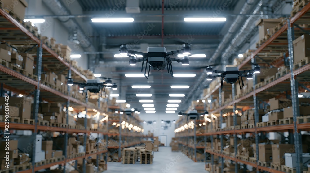 Fototapeta premium Drones navigate through a large warehouse aisle flanked by tall storage racks filled with cardboard boxes under bright overhead lights