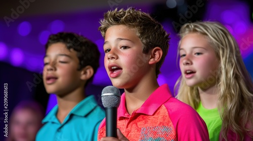 Group of diverse teenagers singing together at a lively karaoke night event