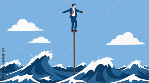 Businessman balancing on a single tall stilt above crashing ocean waves, surreal concept of risk, pressure, uncertainty, fragile success and leadership courage vector illustration scene