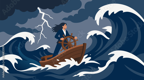 Determined businesswoman vector illustration steering a small wooden ship through towering storm waves and lightning, symbolizing leadership, courage, resilience, crisis management, and ambition