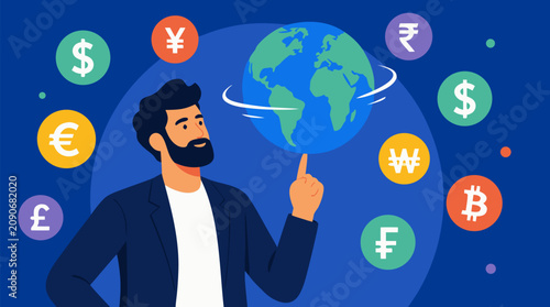 Confident startup founder spinning a globe among floating currency symbols on a bold blue background, global finance, international trade, fintech investment and worldwide business growth vector