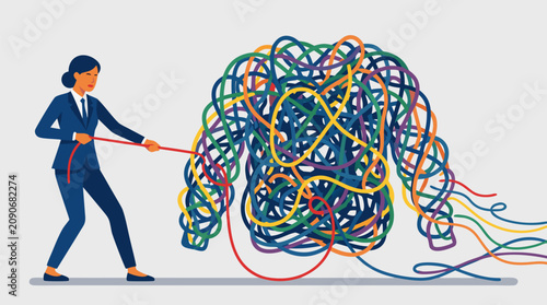 Determined businesswoman pulling a red thread to unravel a giant knot of colorful tangled cables, vector concept for solving complexity, stress, workflow chaos and strategic problem solving