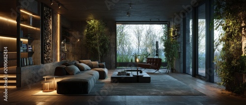 Modern living room with large windows overlooking a lush outdoor garden, featuring contemporary furniture and warm lighting.