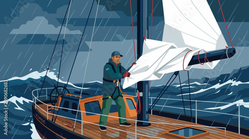 Calm sailor reefing and folding a white sail on a wooden yacht during a sudden squall, navigating dark storm waves with focus, seamanship, resilience, and maritime skill at sea safely