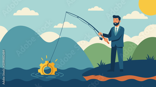 Businessman fishing a glowing golden gear from blue water, strategic vector illustration of innovation, opportunity, leadership, success, industry solutions, and smart growth in motion