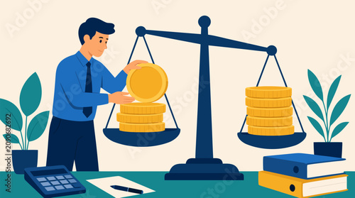 Focused accountant balancing oversized gold coins on a giant scale, financial planning and wealth management concept with calculator, ledgers, office plants, precise vector illustration