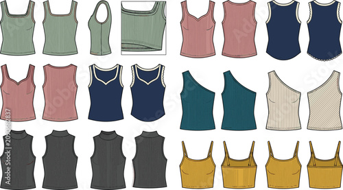 Foto Women's Ribbed Tank Top Collection with Front and Back Apparel Vector Templates