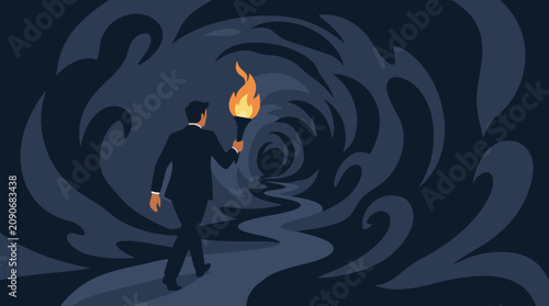 Determined executive carrying a flaming torch through a long tunnel of swirling shadows, dramatic vector illustration of leadership, courage, strategy, uncertainty, resilience, and finding direction