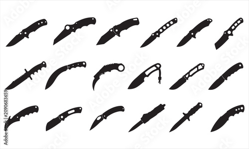 Minimal knife icon collection featuring chef knives, utility knives, folding knives, hunting knives, kitchen blades and cutting tool silhouettes in black flat vector style isolated on white background