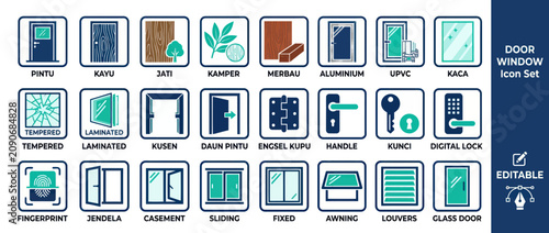 Door and Window Icon Set: Types, Materials, Hardware, Security