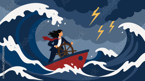 Determined businesswoman in suit navigating small ship through massive stormy ocean waves with lightning, symbolizing courage, leadership, resilience, and overcoming adversity in turbulent corporate