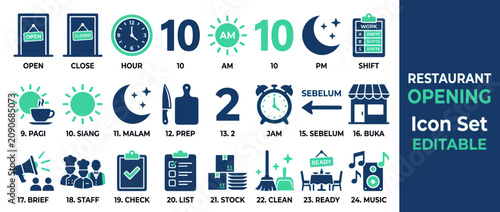 Fotografie Restaurant Opening Hours and Operations Icon Set - Editable
