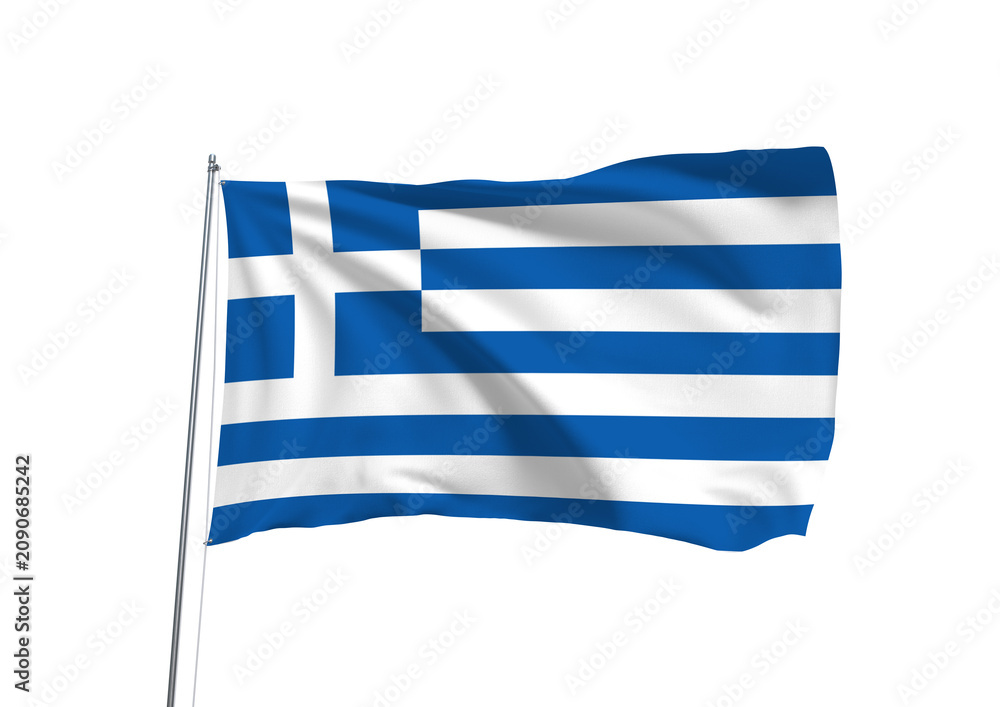 Obraz premium Greece national flag waving on a flagpole isolated on a white background. High-quality image representing Greek identity, culture, patriotism, government, and international themes.