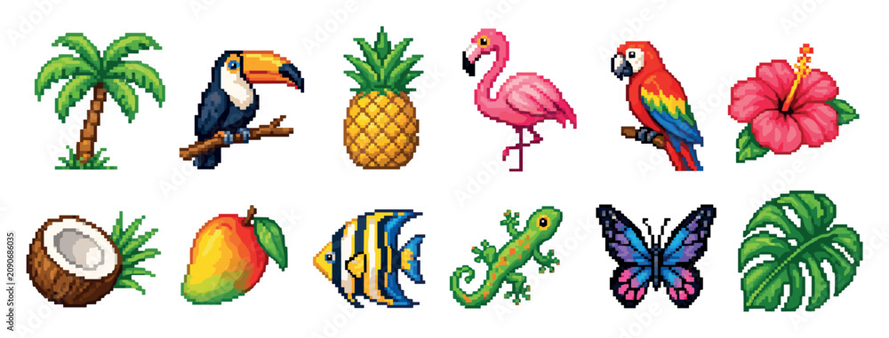 Fototapeta premium Pixel art tropical elements set featuring palm tree, toucan, pineapple, flamingo, parrot, hibiscus flower, coconut, mango, fish, gecko, butterfly, and monstera leaf