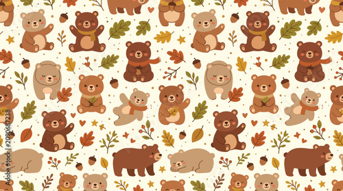 Cute Teddy Bears and Autumn Leaves Seamless Pattern