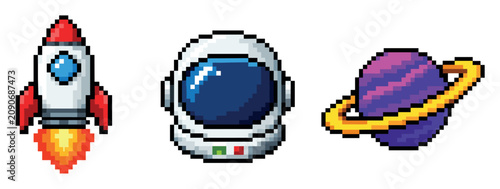Pixel art space icons set featuring a rocket ship blasting off, an astronaut helmet, and a ringed planet for retro video game design