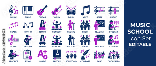 Foto Music School Icon Set: Instruments, Lessons, Performance & Theory