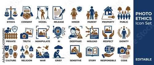 Canvastavla Photo Ethics Icon Set: Law, Privacy, AI, War, Culture, Family, Property, Respect