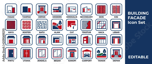 Building Facade Icon Set: Doors, Windows, Materials, and Architecture Elements
