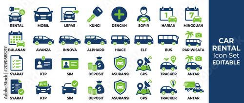 Car Rental Icon Set: Vehicles, Services, Documents, and Navigation