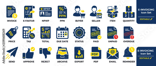 E-Invoicing Icon Set: Finance, Business, Accounting, Tax, Payment Icons