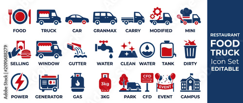 Food Truck Icon Set: Restaurant, Vehicle, Service, and Utility Symbols