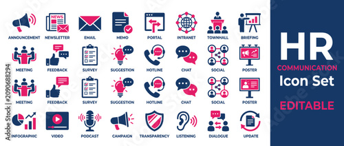 HR Communication Icon Set: Meeting, Feedback, Survey, Chat, Social Media, Infographic
