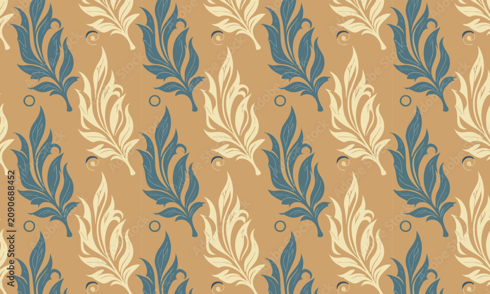 Fototapeta premium Elegant Floral Feather Leaf Seamless Vector Pattern on Golden Beige Background