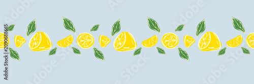 Seamless horizontal border pattern of hand drawn yellow lemon slices, wedges, and green leaves on a pastel blue background. Elegant citrus fruit vector design.