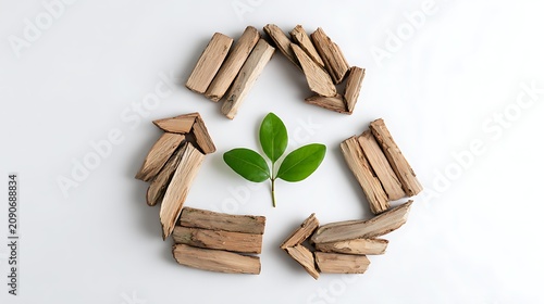 circular economy concept with wooden recycling arrows surrounding young green plant on white background