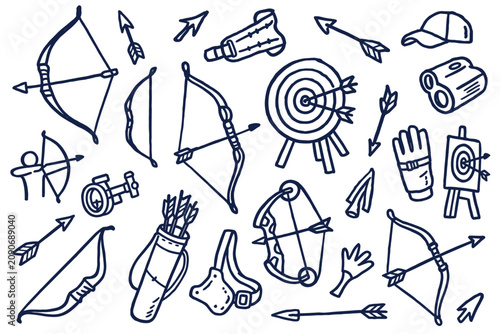 Archery equipment and bow hunting gear doodles featuring traditional bows, arrows, targets, quivers, and shooting accessories in a hand-drawn vector style