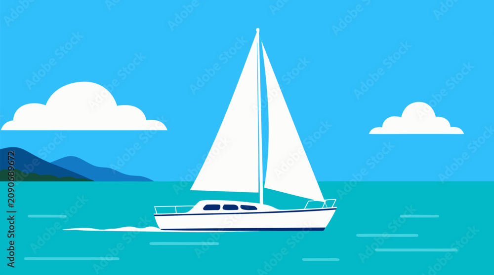 Naklejka premium Elegant white sailboat gliding across calm turquoise sea under clear blue sky with fluffy clouds, minimalist vector illustration perfect for nautical travel and summer leisure designs.