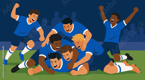 Dynamic vector illustration of diverse soccer players celebrating victory with joyful pile-up on green pitch, teammates cheering with raised fists, championship triumph energy, flat bold colors,