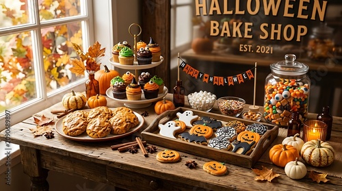 Assortment of halloween themed baked goods and treats on a rustic bakery counter with halloween celebration pumpkins autumnal seasonal decorated homemade pastries chocolate frosting