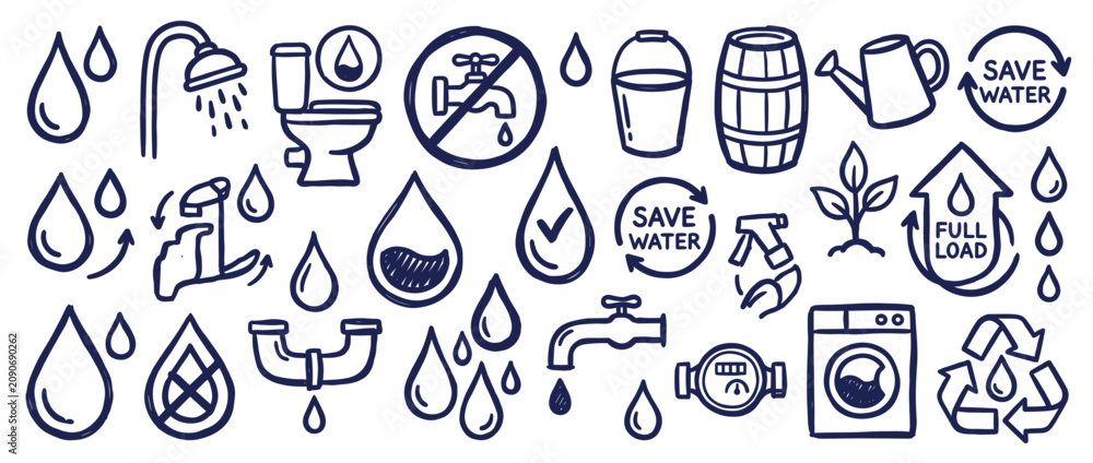 Naklejka premium Water conservation doodle icons set featuring hand drawn symbols of drops, faucets, recycling, washing machine, and eco friendly concepts for environmental awareness