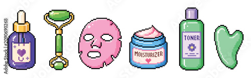 Pixel art skincare cosmetics set including serum bottle jade roller sheet mask moisturizer cream jar toner bottle and gua sha stone for beauty routine