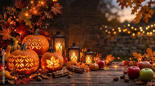 Atmospheric autumn evening with glowing carved pumpkins and fairy lights halloween pumpkins fairylights atmospheric seasonal background celebration tradition cinnamon lighting backyard