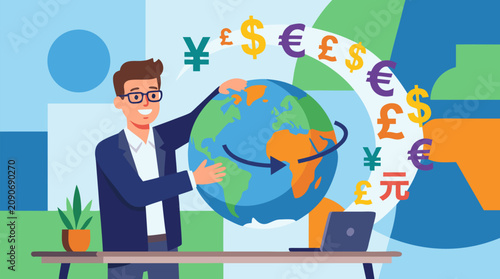 Smiling founder spins a globe amid floating currency symbols, colorful vector global finance concept for startup growth, international trade, forex exchange and business expansion strategy