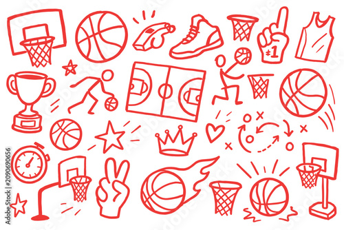 Basketball doodle vector set of hand drawn sports elements including balls hoops court whistle trophy and players in red outline style