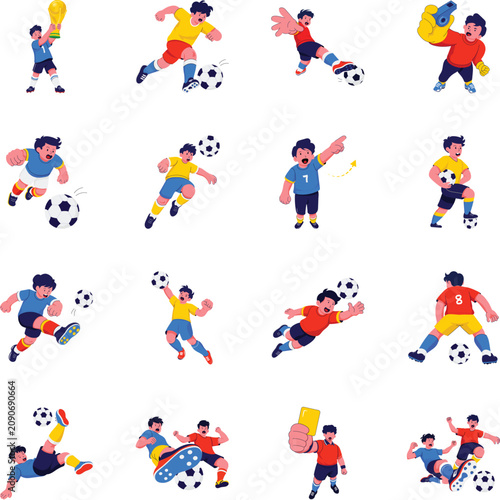 Foto Flat soccer illustrations showing trophies, dribbling, crosses, referee actions, rebounds, headers, tactical plays, player skills, bicycle kicks, fouls, and yellow card moments