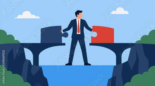 Businessman connecting puzzle halves across a broken bridge over a canyon, strategic vector concept for partnership, problem solving, negotiation, teamwork, leadership and closing corporate gaps