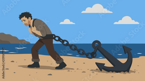 Weary man dragging giant iron ship anchor chained to his waist on lonely beach, powerful metaphor for burden, depression, guilt, addiction, hardship, emotional weight vector illustration
