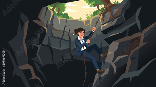 Exhausted businesswoman climbing a thin rope out of a dark rocky pit toward daylight, dramatic vector metaphor for burnout recovery, workplace stress, crisis escape and resilience