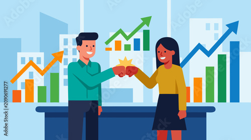 Smiling colleagues fist bumping after a successfully closed deal, rising profit charts and city skyline behind them, upbeat vector business illustration for teamwork, sales growth and success