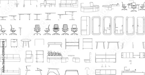 Foto Line drawing set of modern office furniture including desks, chairs, sofas, stor