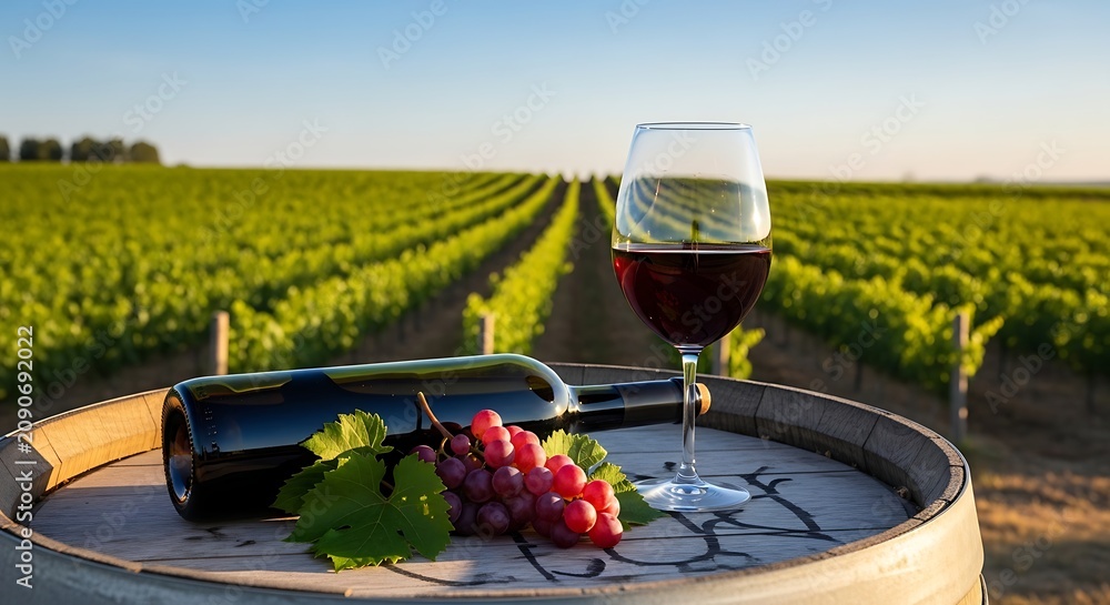 Fototapeta premium Glass of red wine and bottle on a wooden barrel in a vineyard.