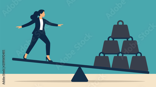 Businesswoman balancing on a seesaw against stacked heavy weights, pressure of responsibility, unequal workload, resilience, career challenge and corporate risk management vector illustration