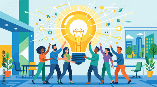 Diverse team of colleagues lifting a giant glowing lightbulb in a modern office, with radiant network lines symbolizing innovation, teamwork, startup ideas, creative strategy and business success