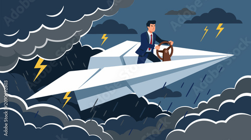 Determined businessman steering a giant paper airplane through lightning storm clouds, bold vector metaphor for leadership, risk management, innovation, resilience, strategy and navigating crisis